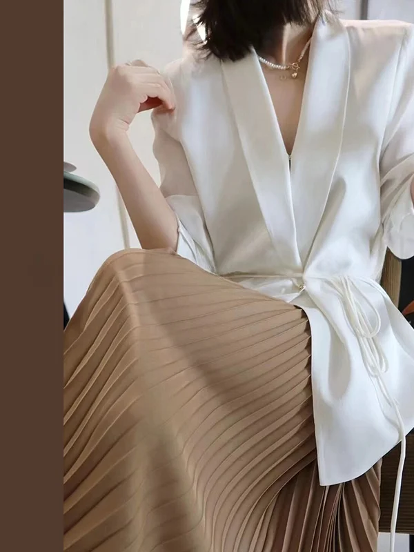 

Ele Silk Suit Women's ort Outerwear Versatile Spring Summer New Sle Straight Cut V-Ne Long Sve Breathable Skin-F...