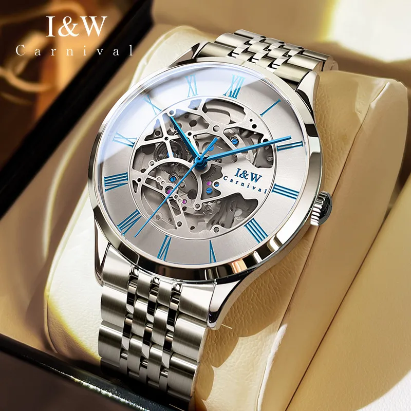 Carnival Brand I&W High-End Imported Movement Fashion Hollow Mechanical Watch Men Full Steel Luxury Sapphire Skeleton Watch Mens