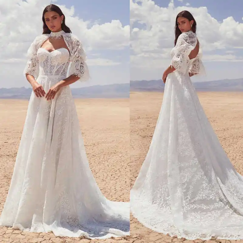 Chic Boho Lace Bridal Overpiece Ornate Floral Motifs Puffed Sleeves Button‑Back Coverup For Desert Wedding Reception Customized