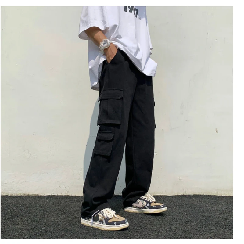 Pantaloni casual neri/bianchi Moda uomo Pantaloni larghi dritti a gamba larga Uomo Streetwear Pantaloni cargo tascabili hip-hop Pantaloni da uomo