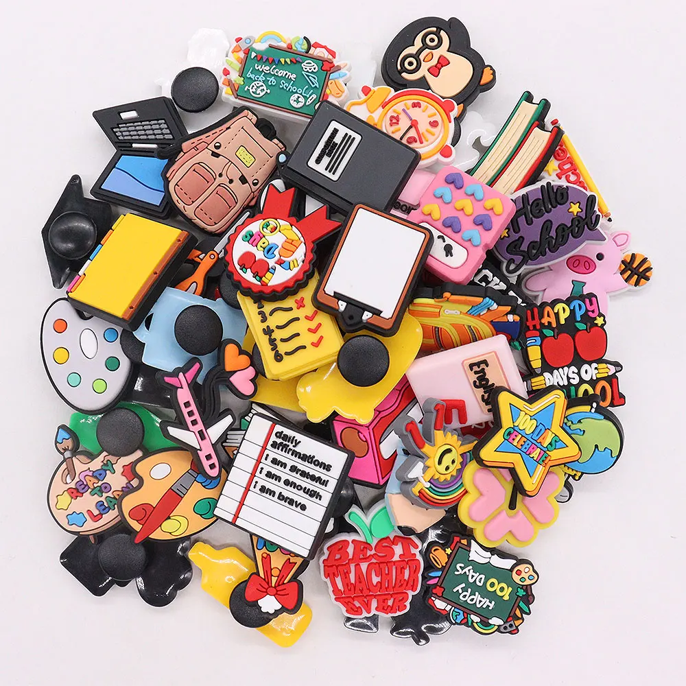 1PCS PVC Shoe Charms Teach Love Calculator Ruler Book Bag Pencil Mortarcap School Buckle Sandals Shoes Decoration Kid Gift