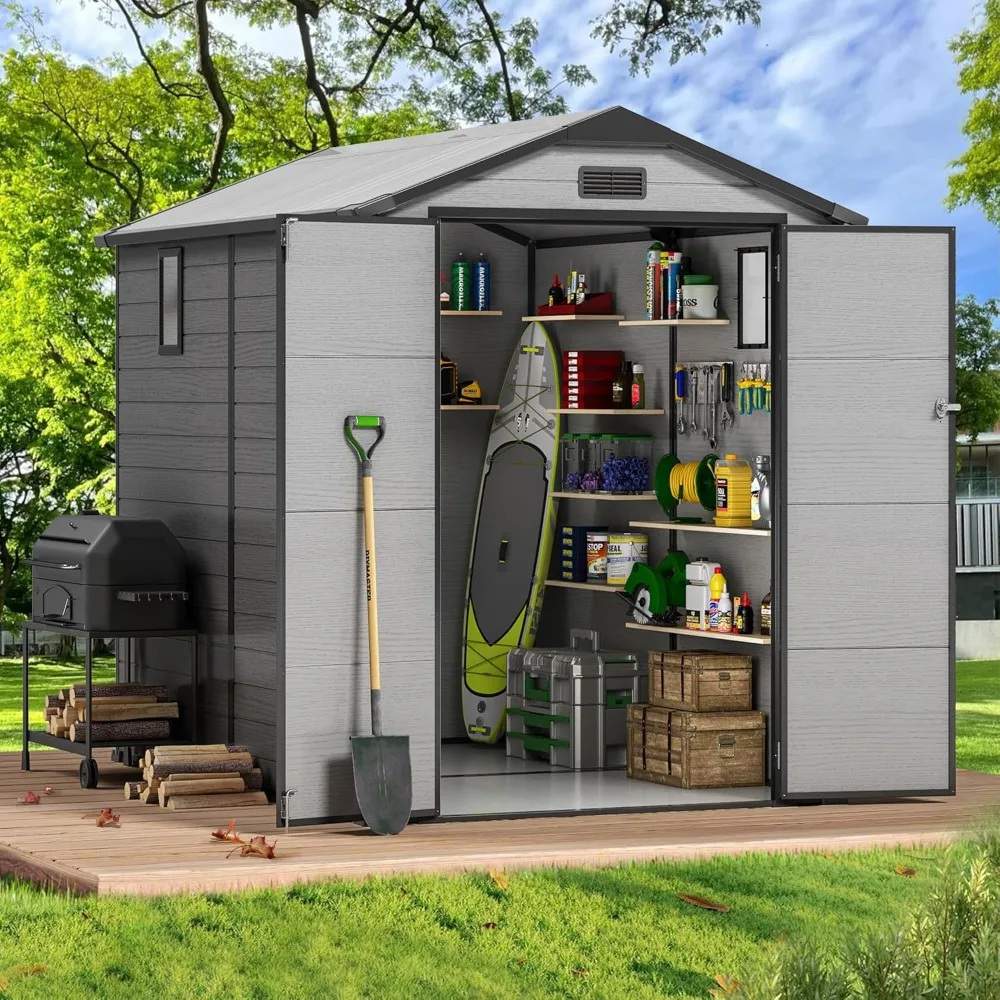 سقيفة تخزين خارجية بلاستيكية مقاس 6 × 8 أقدام، سقيفة أدوات باب مزدوج مع سقف وفتحة شفافة، باب قابل للقفل مع #1