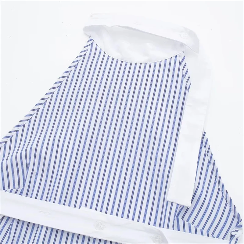 TRAF 2024 Striped Halter Top Female Blue Backless Crop Top Women Off Shoulder Sleeveless Sexy Top Woman Summer Short Tops