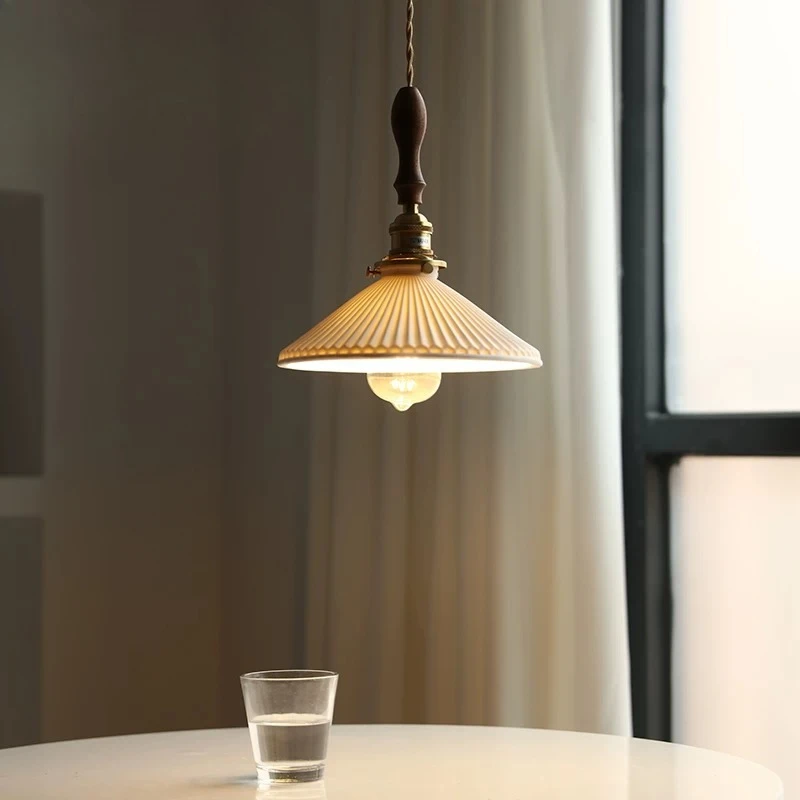 

Japanese-style Pleated Ceramic Pendant Light Hotel Bar Shop Homestay Bedroom Bedside Living Room Retro Walnut Wood Hanging Lamps