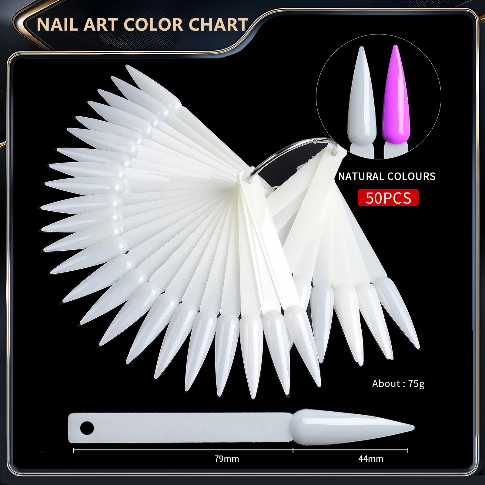 Waaiervormige nagellak displaykaart, acryl nageltip kleurenpraktijkpalet met ring voor nail art training