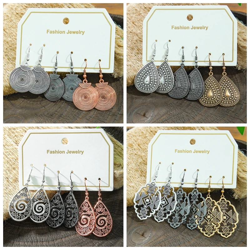 Fashion 3Colors Alloy Earring Set Women's Vintage Ethnic Geometric Carved Round Water Drop Hollow Earrings Female Indian Jewelry