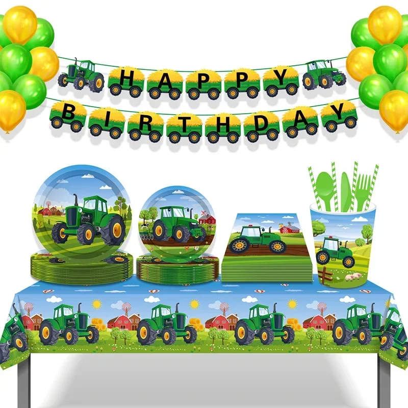 New Farm Tractor Themed Disposable Tableware Cup Plate Set Kids Birthday Tablecloth Balloon Banners Decoration Supplies