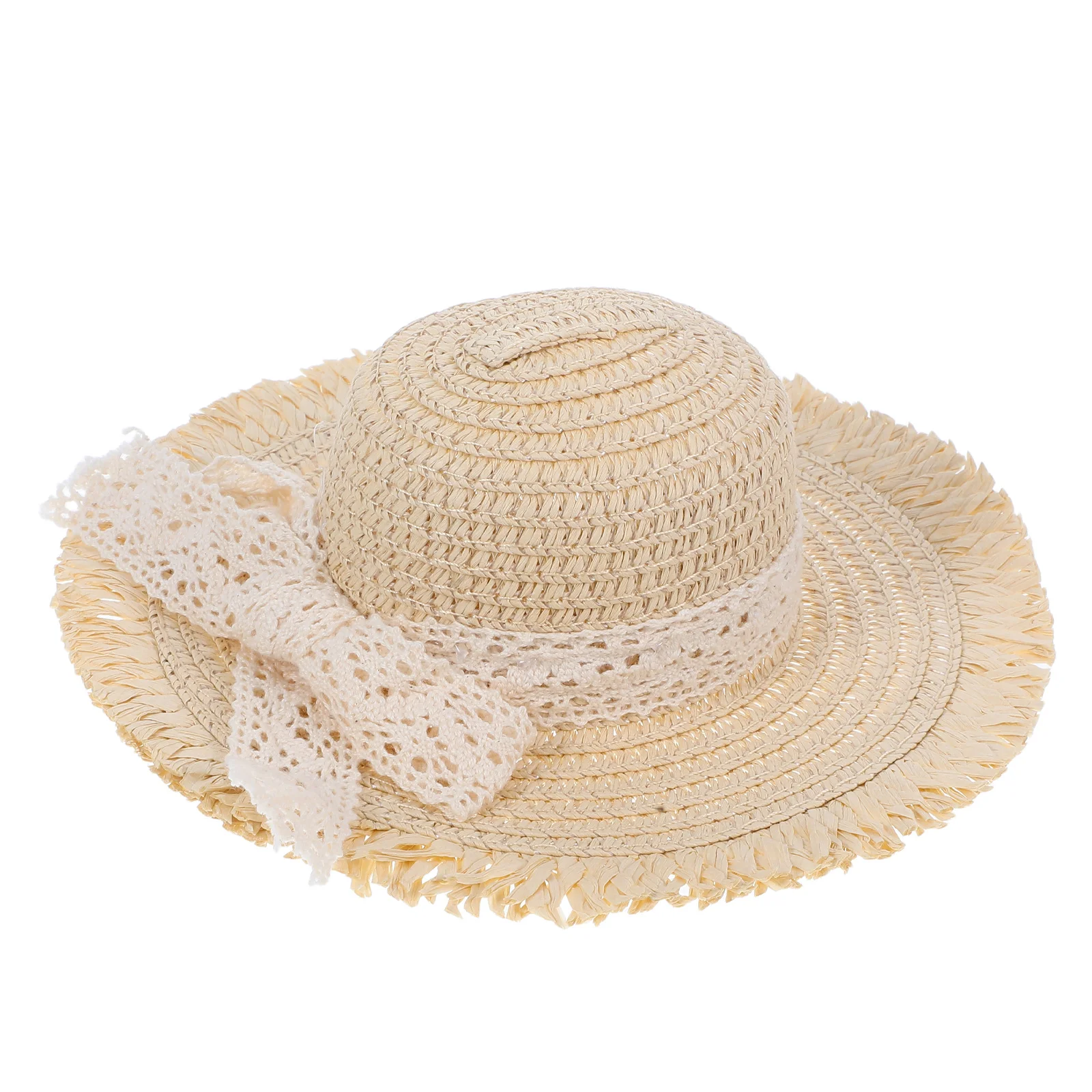 Chapeaux de soleil en paille miniatures, sangle en dentelle Beige tissée, petits chapeaux artisanaux naturels pour accessoires de maison de poupée, décoration de cadeaux de fête