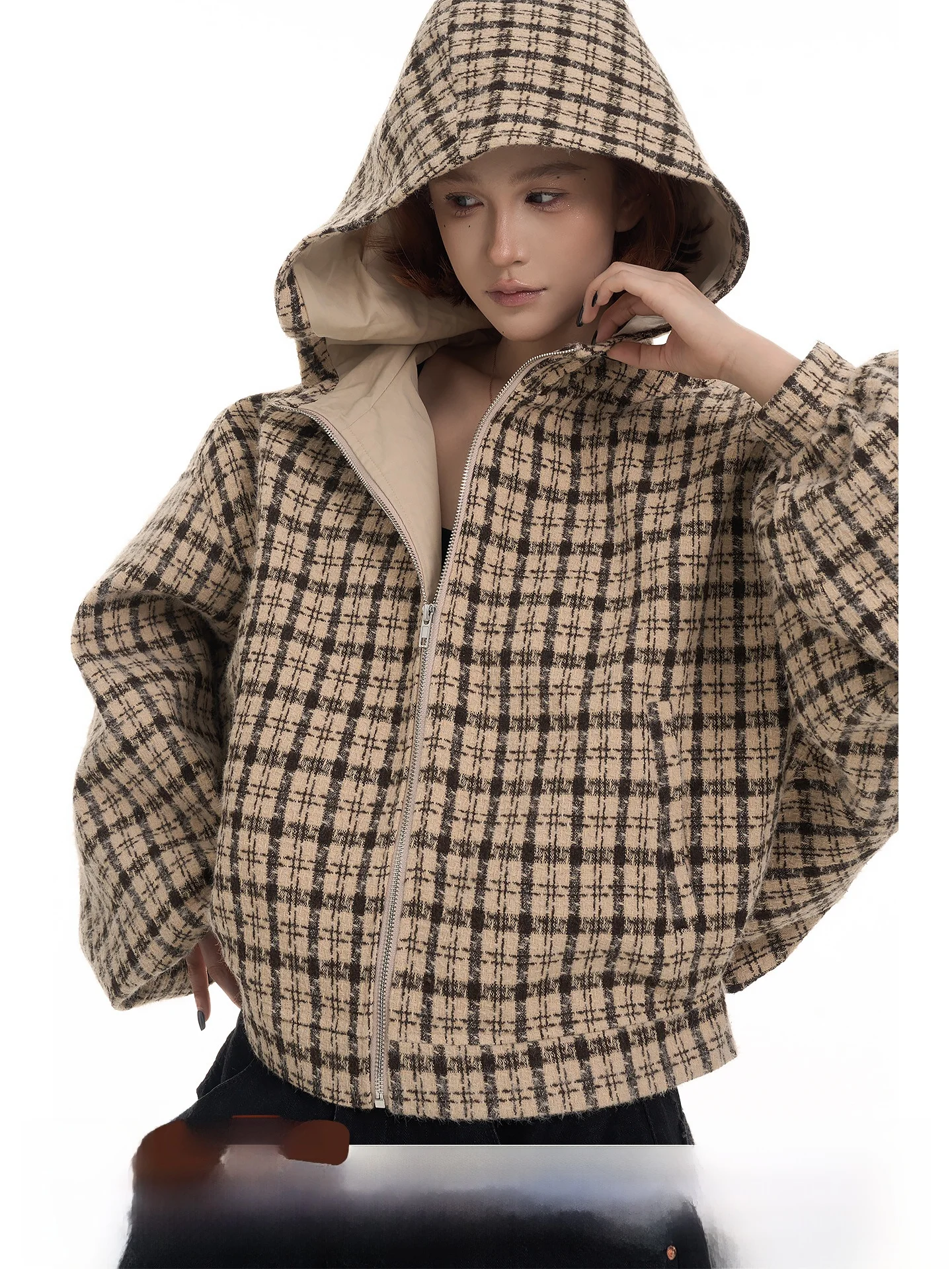 

Wutong Long Sve Plaid Hooded Jaet Women's Loose Fit Autumn Winter Korean Sle Design Slimming Open Cardigan Top