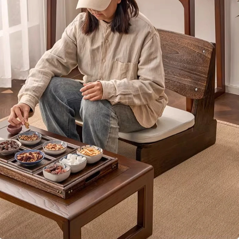Solid Wood Tatami Tea Chair Japanese Low Lazy Chairs for Balcony/Living Room Single Seater Sofa with Back Support Leisure Seat