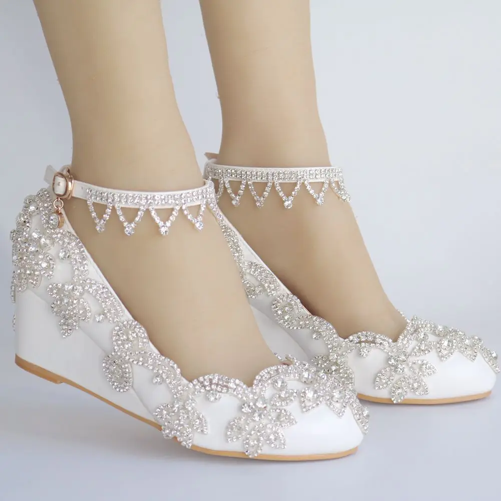 

Women Fashion Shoe Sexy Women Pumps Ankle Round Toe Wedding Rhinestone PU 5.5CM Wedges Shallow Dress Woman Shoes White