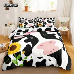 Cow Print Duvet Cover Animal Cow Doodle Cartoon Drawing Farming Husbandry Sunflower Polyester Bedding Set Twin Queen King Size