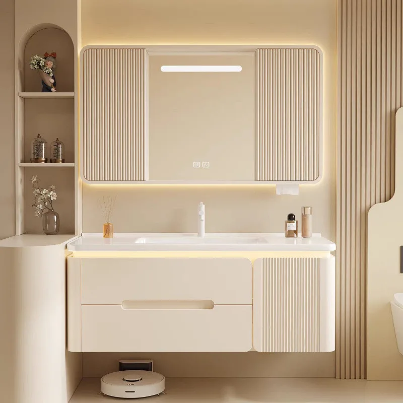 

Rounded corner hidden feng shui mirror cabinet rock slab hot bending integrated basin smart bathroom cabinet washbasin