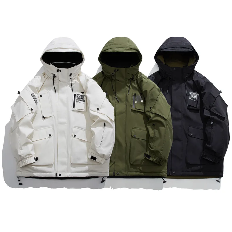 assault functional workwear hooded down jacket, niche designer trendy INS style splicing contrasting color assault jacket