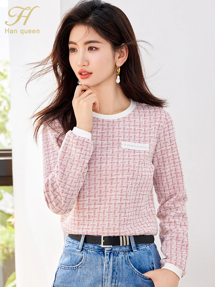 H Han Queen 2024 Spring Autumn Winner Women's T-Shirts Elegant Long Sleeve Office Vintage Loose Casual Tops Simple Basics Tees