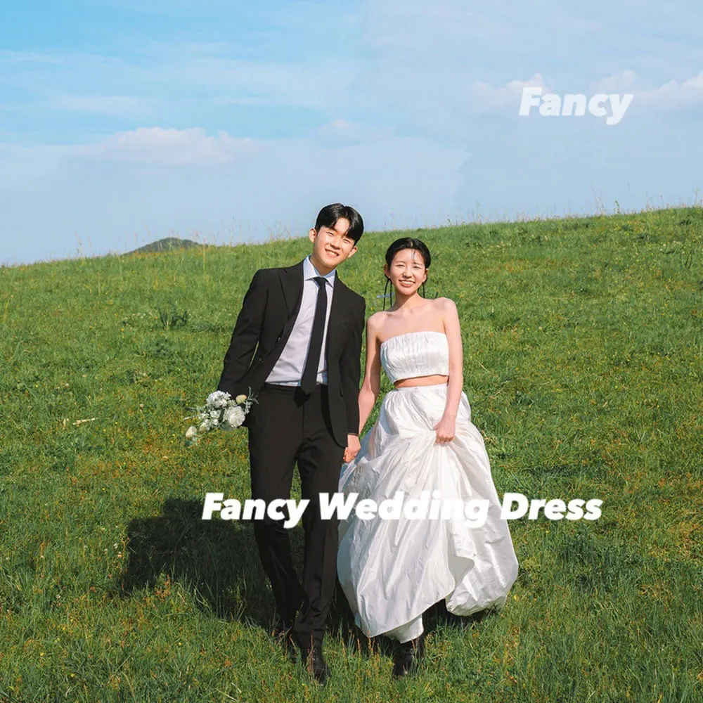 ชุดแต่งงานแบบหรูหรา 2 ชิ้น ผ้าทาฟต้า สไตล์เกาหลี สำหรับถ่ายภาพ ทรงเอไลน์ ชุดเจ้าสาวแบบรัดตัวด้านหลัง สามารถสั่งตัดได้