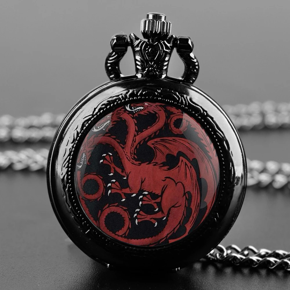 Montre de poche à quartz Dragon à trois têtes pour hommes et femmes, montres à collier, cadeaux uniques, vintage