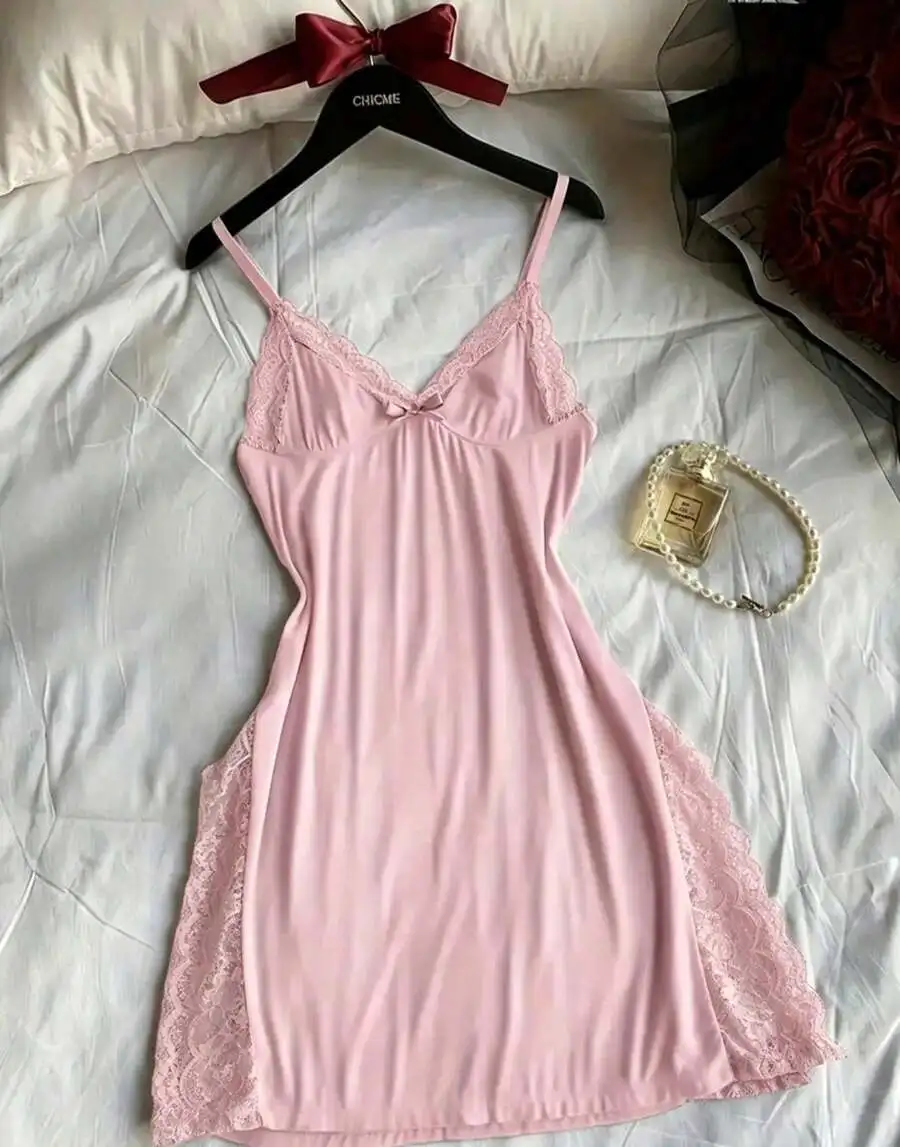 Pink Lace Trimmed Spaghetti Strap Nightgown For Women