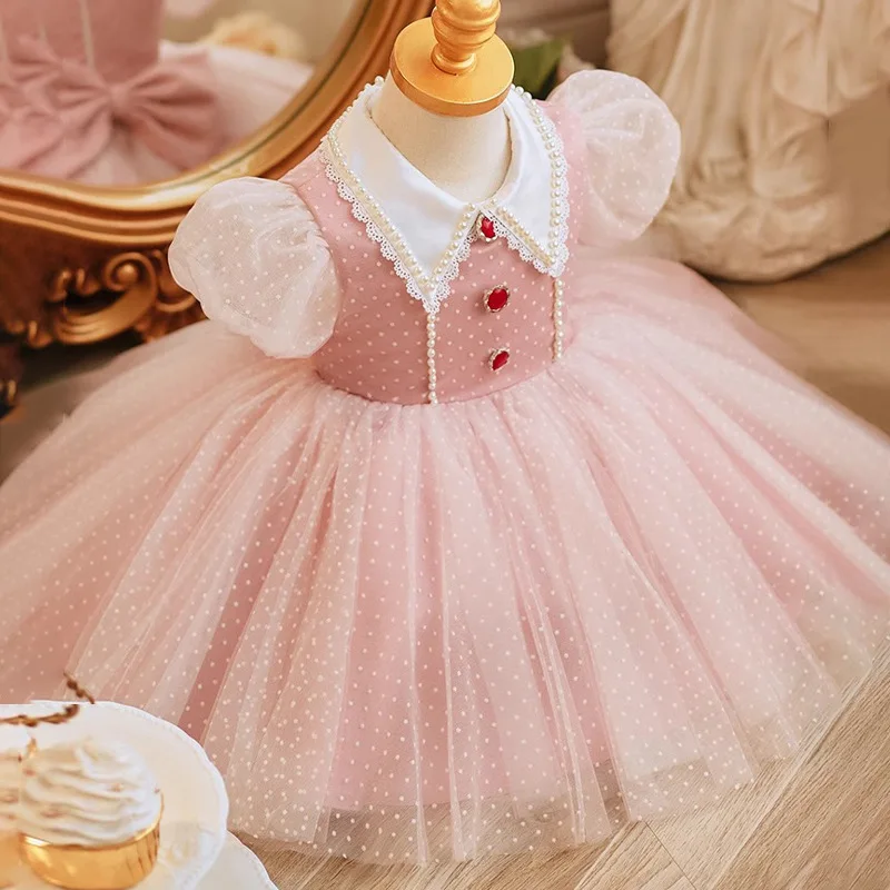 

2024 New Baby Girls Birthday Baptism Dress Kids Cute Bow Beading Evening Party Wedding Princess Gown y1199