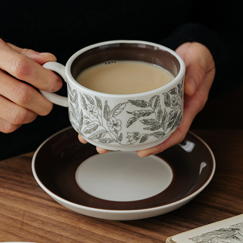 Chinese Retro Style High Temperature Firing Ceramics Coffee Cup And Saucer Set Pretty Hand Drawn Patterns Breakfast Pasta Plate