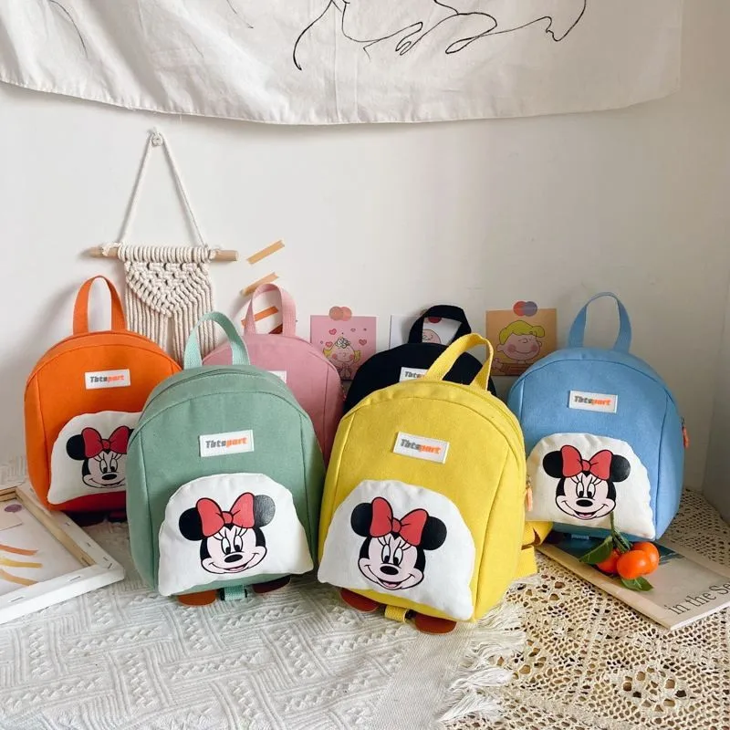 Mochilas de Minnie para niñas, morrales infantiles de dibujos animados, a la moda, Color a juego, dos bolsos de hombro, mochilas escolares de algodón Softback para niños