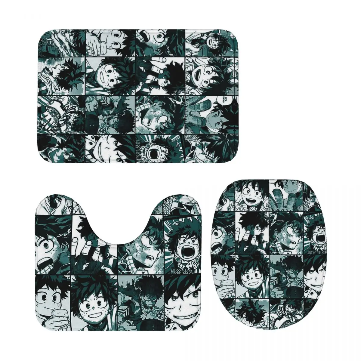 

Deku Hero Collage My Hero Academia, 3-х предметный коврик для ванной, набор для ванной комнаты, крышка для унитаза, домашний декор, нескользящий ковер, напольный коврик