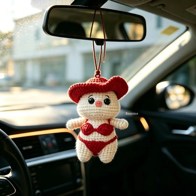 NEW Cute Sexy Bikini Piglet Car Mirror Hanger, Crochet Hand Knitted Rear View Mirror Accessory,Car Keychain Accessories