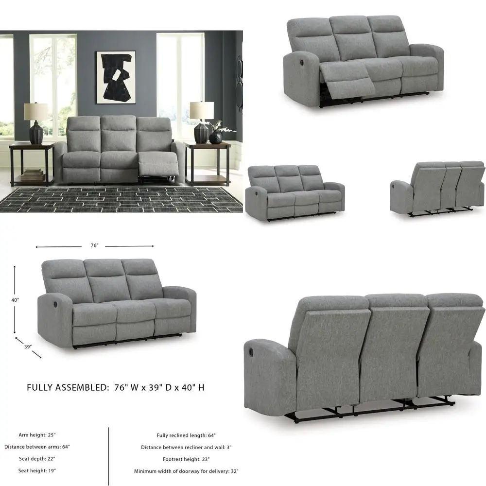 

Dual Sided Reclining Sofa with Position Lock, Manual Pull Tab, Gray