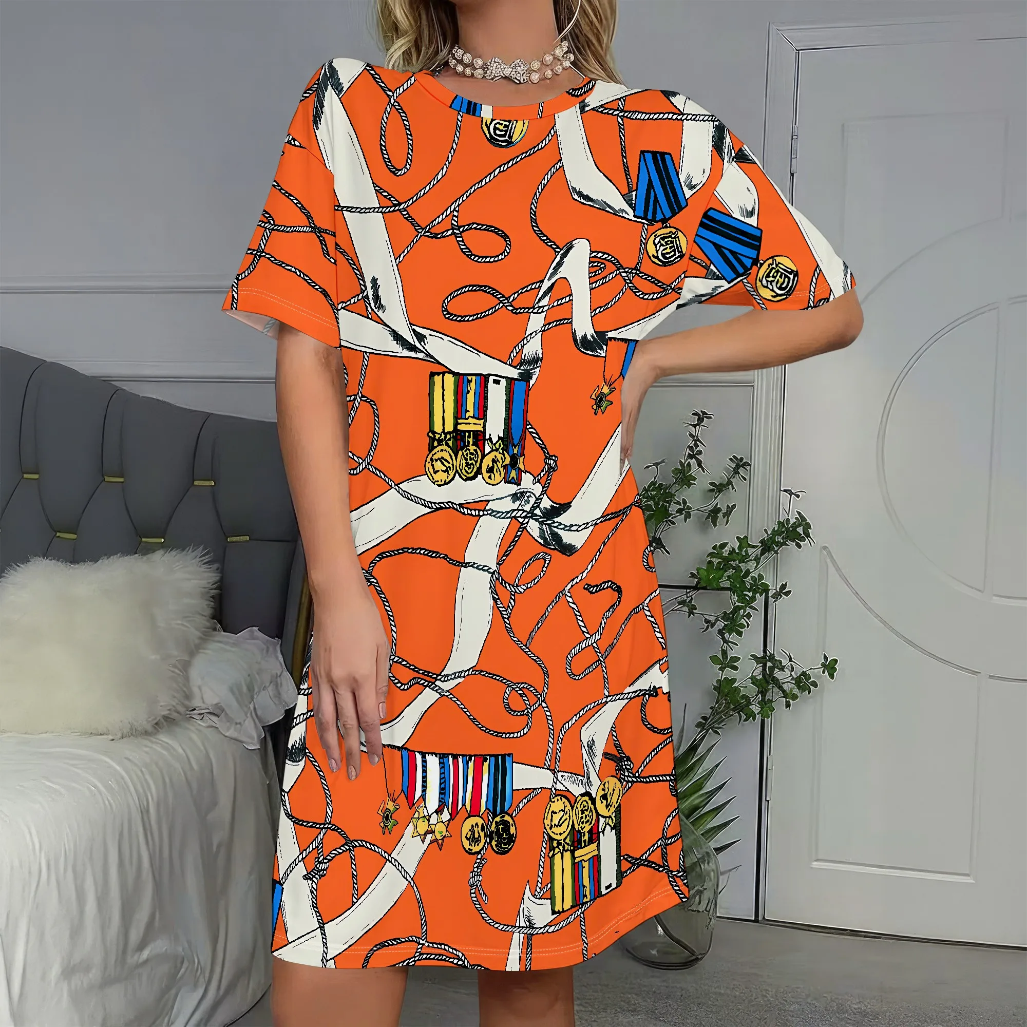 

Orange Military Medal Print, Short Sleeve Dress, Loose Tunic Top, Casual Party Wear, Women's Fashion S-2XL