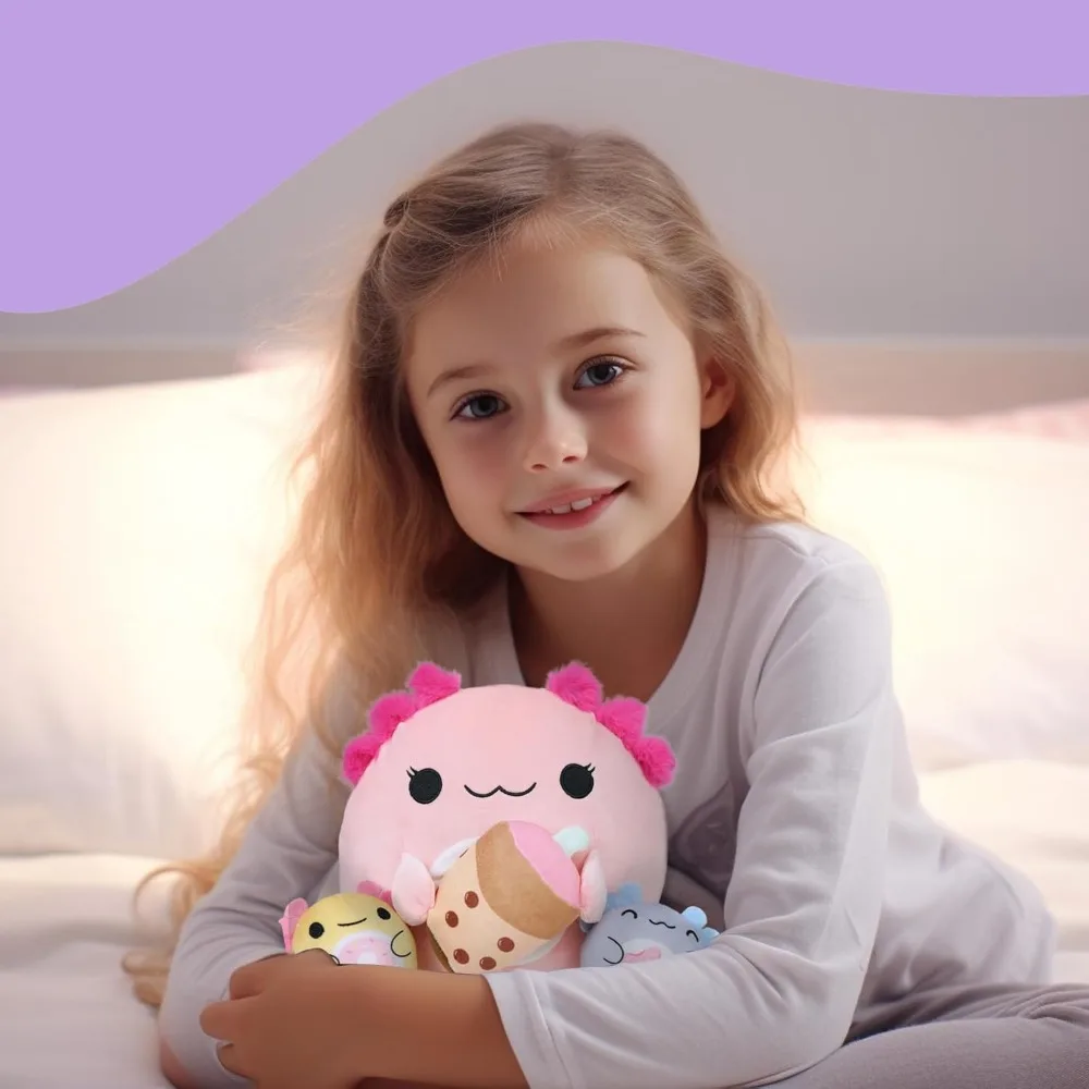 Peluche AMK Mother Axolotl con bebés gemelos, juego de animales de peluche suaves para niños, incluye té con leche, gran regalo de cumpleaños para niños y niñas