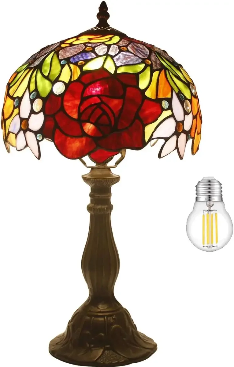 Style Table Lamp Stained Glass Bedside Lamp Red Rose Desk Reading Light 10X10X18 Inches Decor Bedroom Living Room Home Office