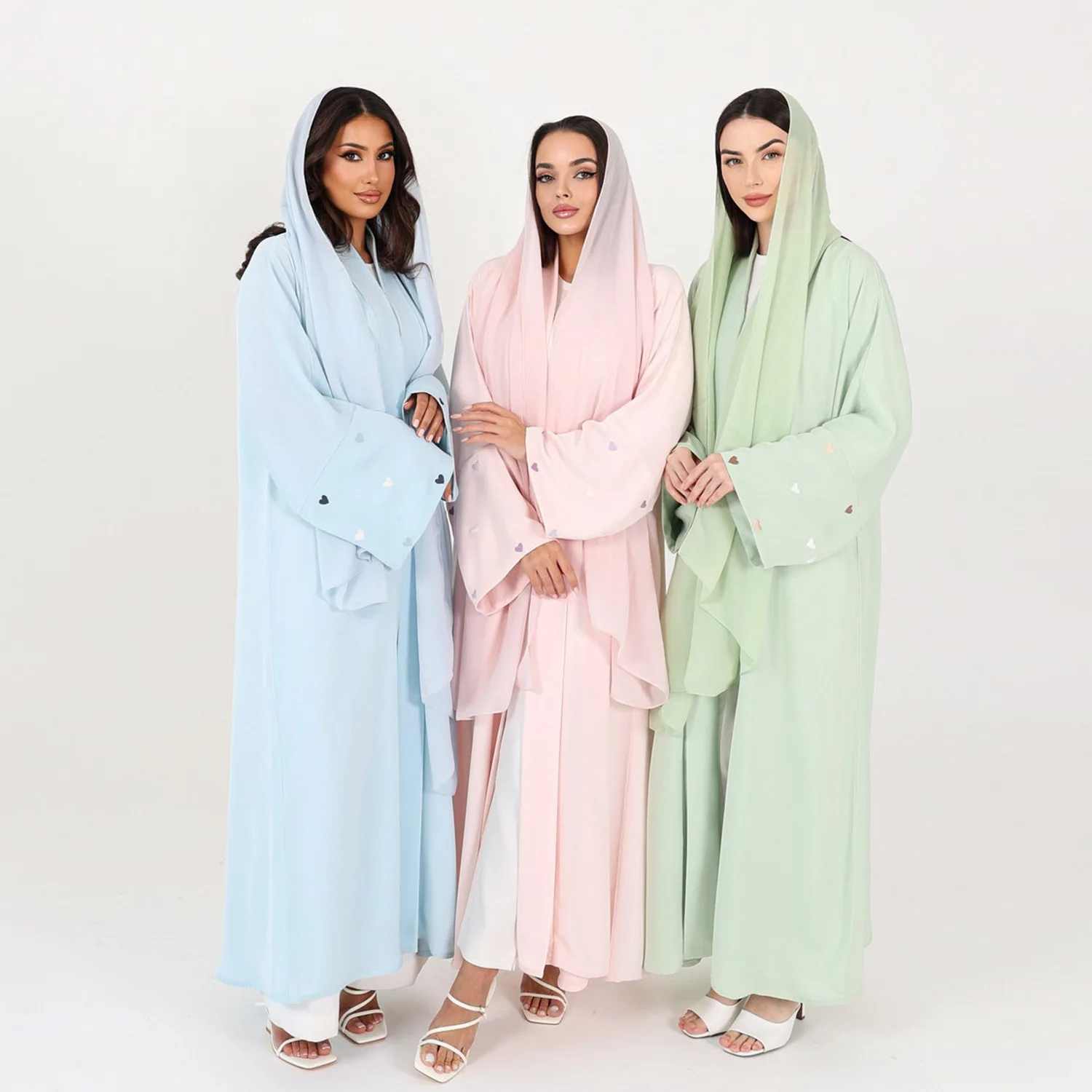 Fashion Love Heart Embroidery Open Plain Kimono Abaya for Women Dubai Luxury Muslim Kaftan Elegant Cardigan Islam Clothing