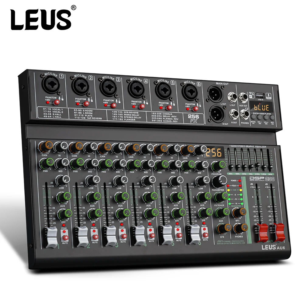 LEUS AU6 Channel 256 DSP Effect Audio Mixer Record PC 48V Phantom Power USB Sound Mixers Bluetooth DJ Console Mixing for Karaok