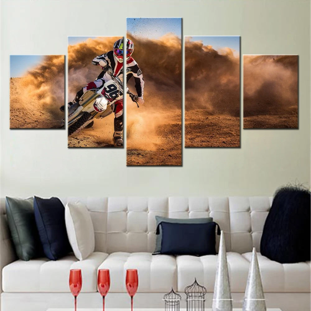 

5 Pieces Wall Art Canvas Poster Motorcycle Race Dust Rider Sport Wallpaper Painting Living Room Home Decor Bedroom Mural Artwork