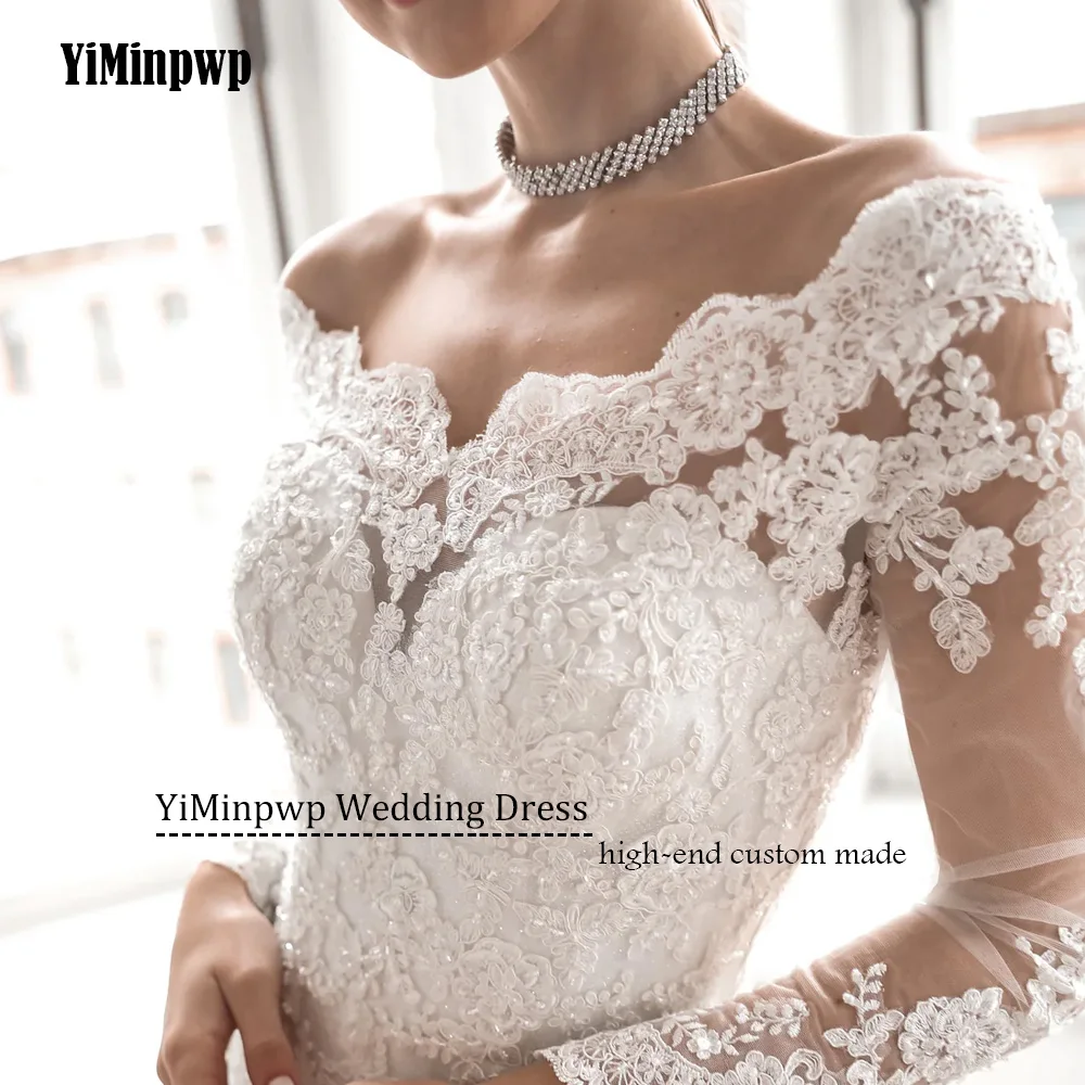 فساتين زفاف متألقة مكشوفة الكتف 2025 فاخرة بأكمام طويلة مزينة بقطار قابل للانفصال حورية البحر دانتيل فساتين العروس حسب الطلب