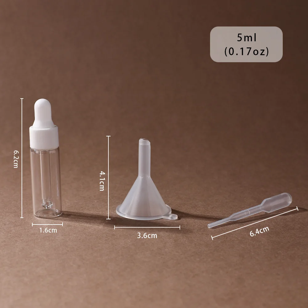 5/10 pezzi Bottiglie vuote per olio essenziale con contagocce in vetro sottile da 5 ml con set di coperchi bianchi con imbuti e contagocce ideali per olio essenziale