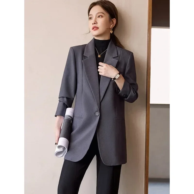 Gray Coffee Black Women Loose Blazer Coat Female Long Sleeve Single Button Straight Formal Jacket For Office Ladies Work Wear