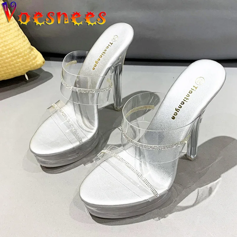 

Fashion Women Shoes Bling Rhinestone Sexy PVC Slippers Perspex High Heels Summer New Transparent Band Crystal Platform Sandals