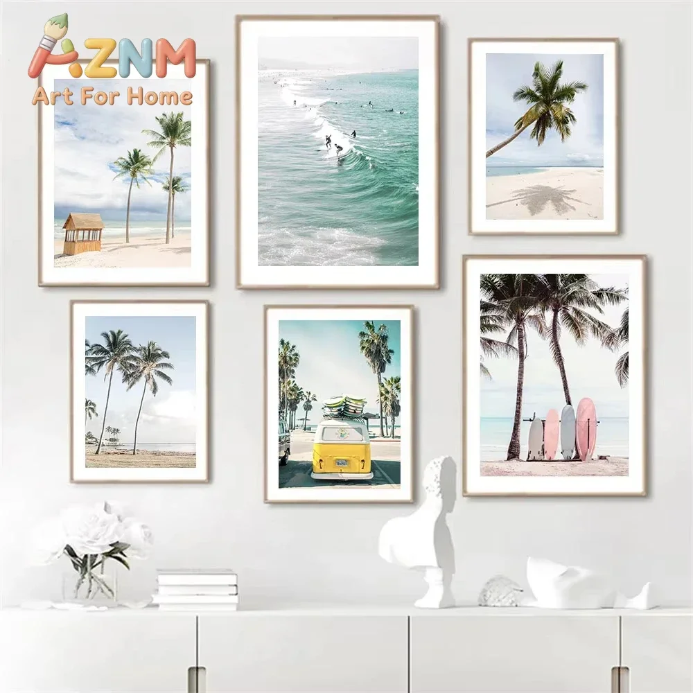 Beach Painting Poster Surfboard Palm Tree Canvas Painting Conch Shell Wall Art Prints Nordic Mural Living Room Home Decoratio