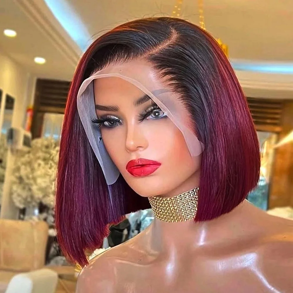

1B/99J Short Bob Wig Brazilian Bone Straight 13x4 Lace Frontal Human Hair Wigs For Women Straight Human Hair Wigs 180% Density