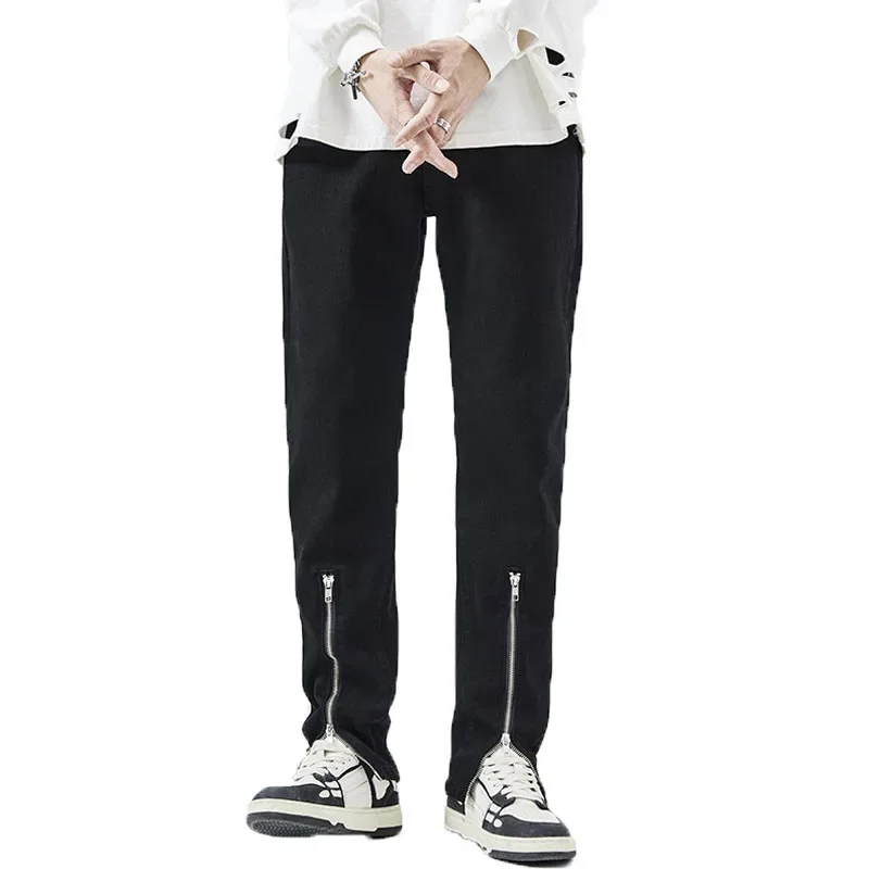 American Street Black Jeans Men's Loose Straight Leg Look Slim High Street Zipper Embellishments Mop Long Pants