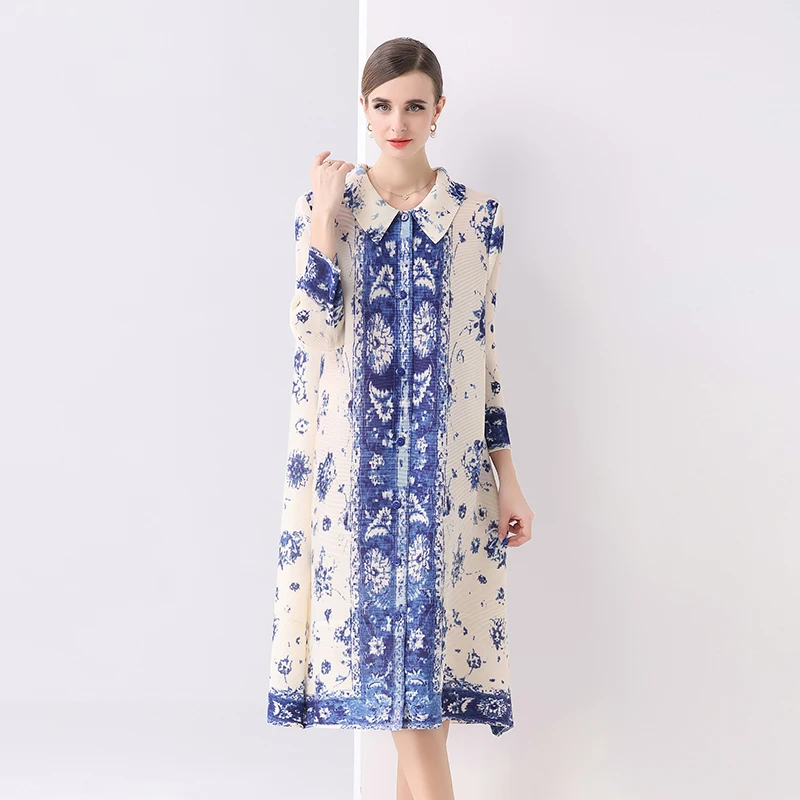 Sukienka damska w stylu Miyake, plisowana, kolekcja jesień 2025 - luksusowa, luźna sukienka koszulowa, elegancki, uniwersalny strój dla mamy, francuska impreza.