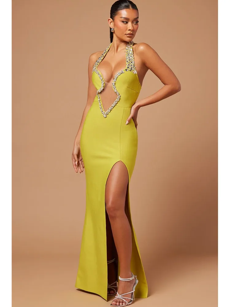 

Women Summer Sexy Backless Diamonds Beading Yellow Black Maxi Long Bodycon Bandage Dress 2024 Elegant Evening Club Party Outfit