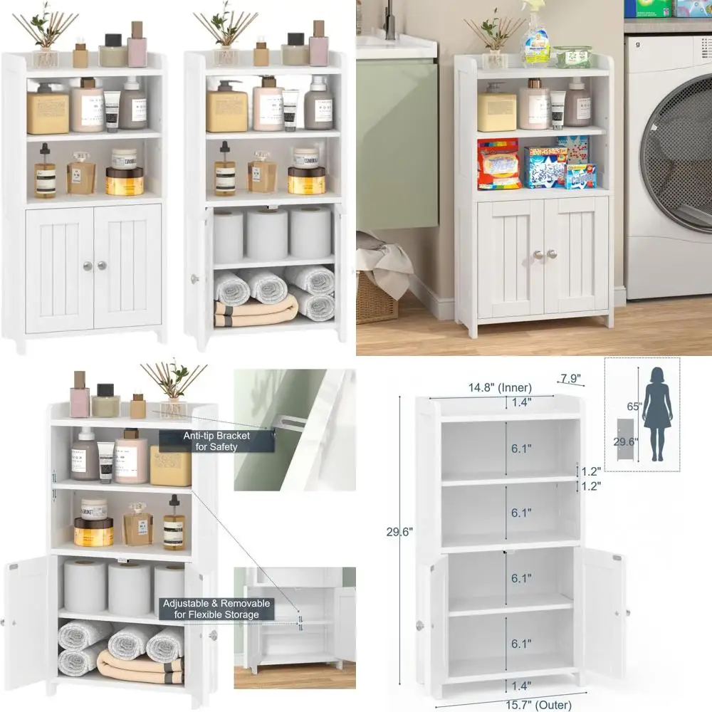 

White 30 Corner Floor Cabinet with 5 Shelves and Opposite Doors for Small Bathroom Storage