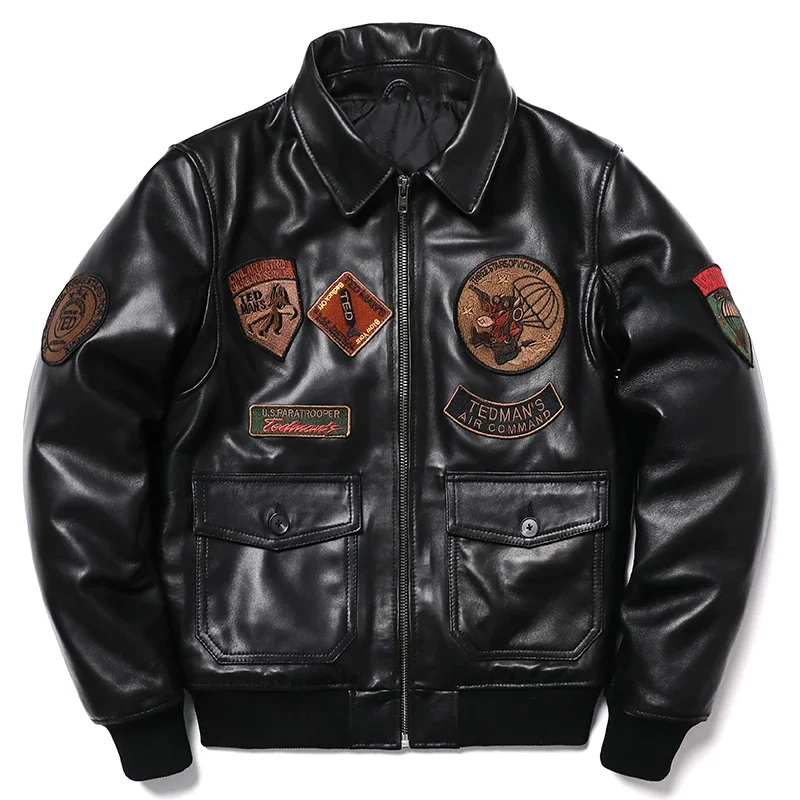 2025 New Embroidery Sheepskin Jacket Men\'s Natural Genuine Leather G1 Air Force Pilots Coat Thicken Warm Soft Clothes