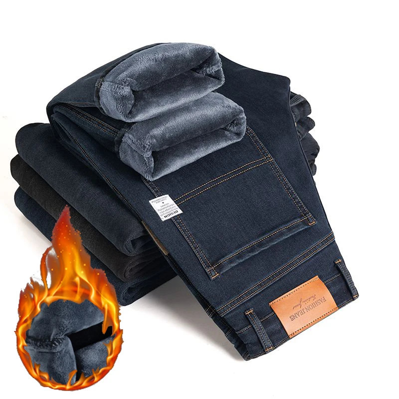 Winter High Quality Thickened Warm Denim Trousers Men Chic Business Casual Straight Leg Jeans Daily Loose Windproof Fleece Pants