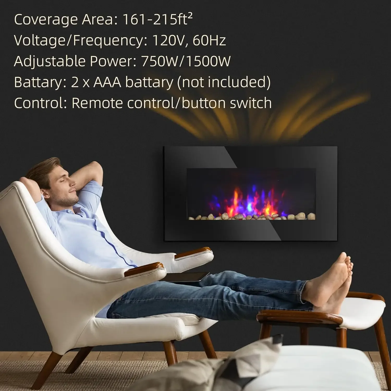 Chimenea eléctrica de pared de 28,5" y 1500 W con efecto de llama, luz de fondo de 7 colores, negro