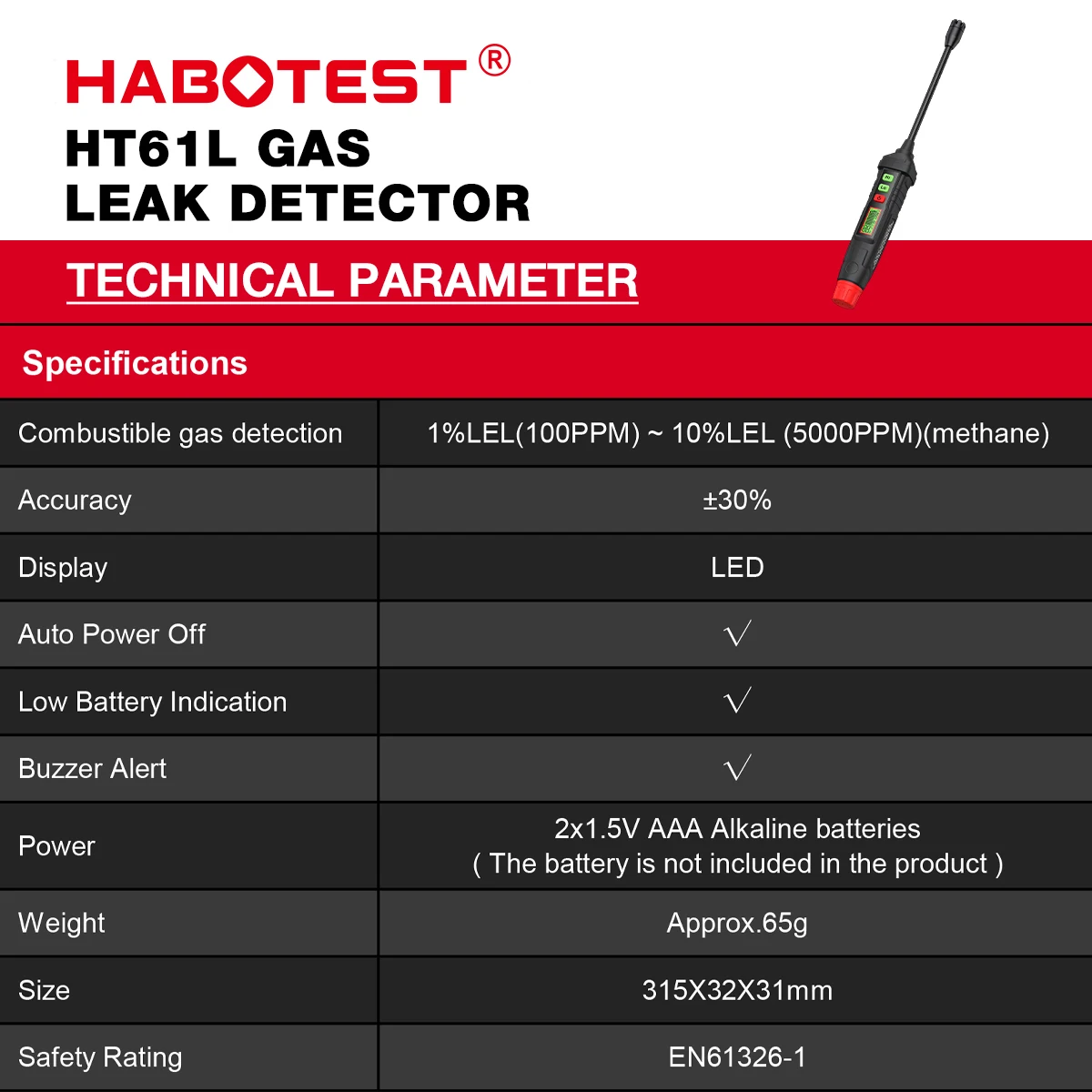 Habotest HT61L Upgraded version Gas leakage detector With digital display Multi functional sound alarm Gas leakage detector