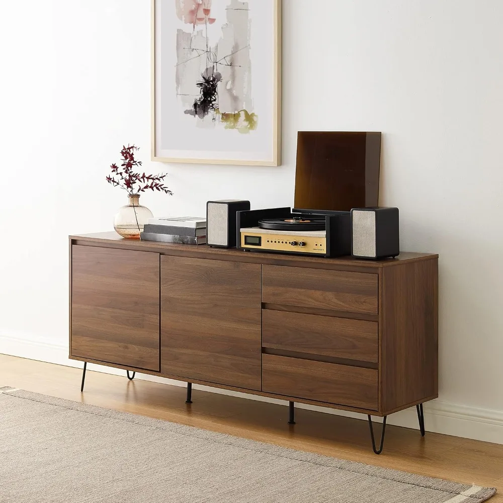 

Teagan Medieval Record Storage Sideboard Buffet Cabinet, Brown Oak，63 L x 15.75 W x 27.25 H inches