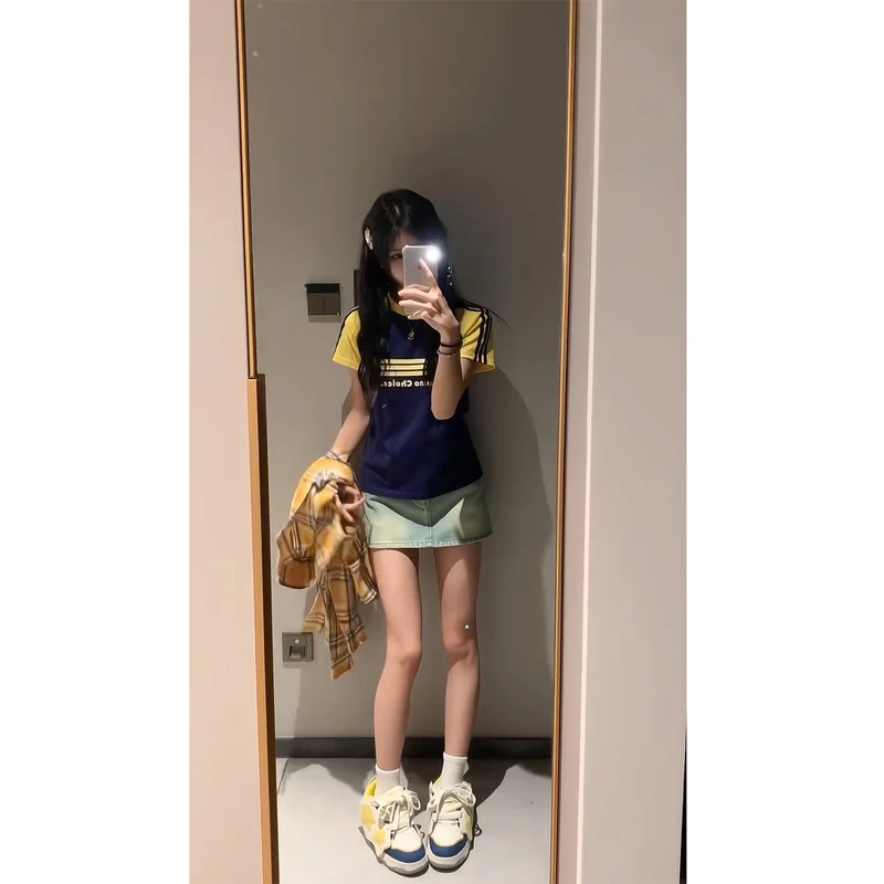 American Sle Color Blo Stripe oulder Insert ort Sve Women's T-irt Tight Fit Summer Hot Girl Top round Ne Casual